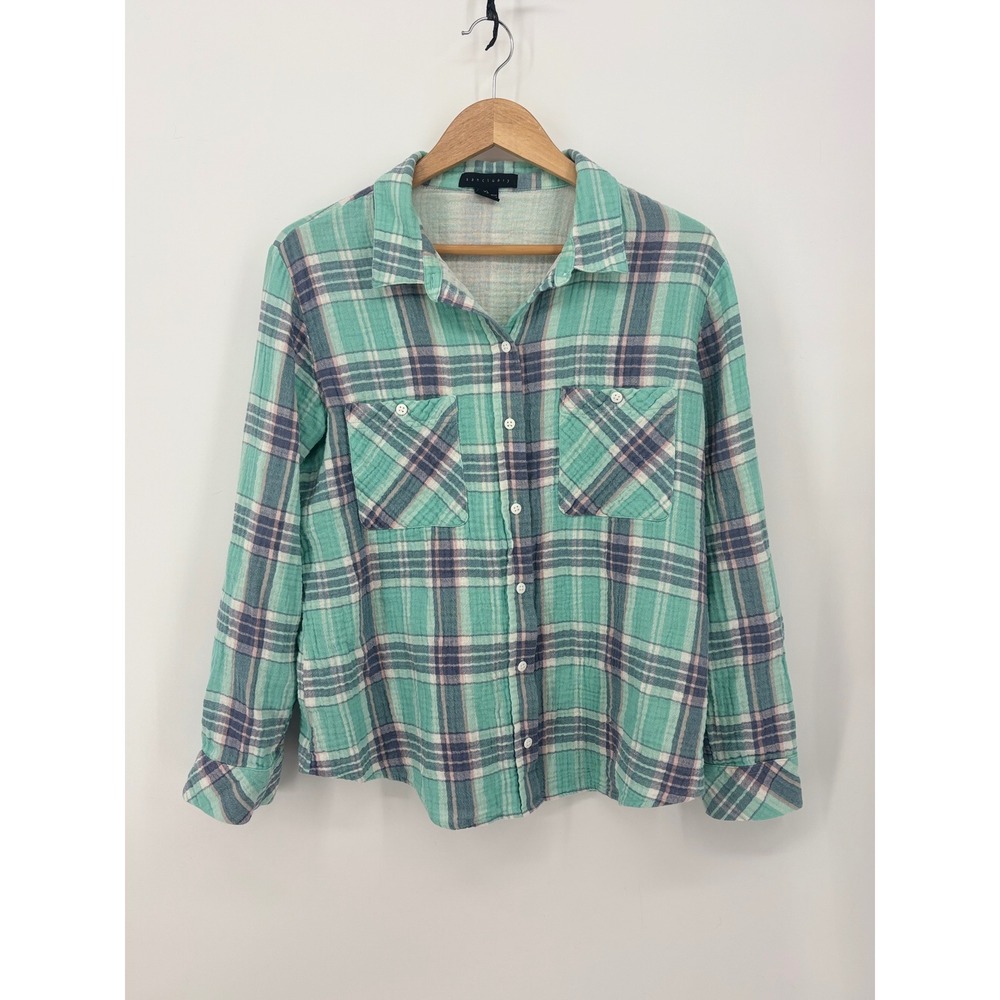 Sanctuary Tomboy Shirt Mint Green Plaid Cotton Gauze Button Down XL relaxed fit